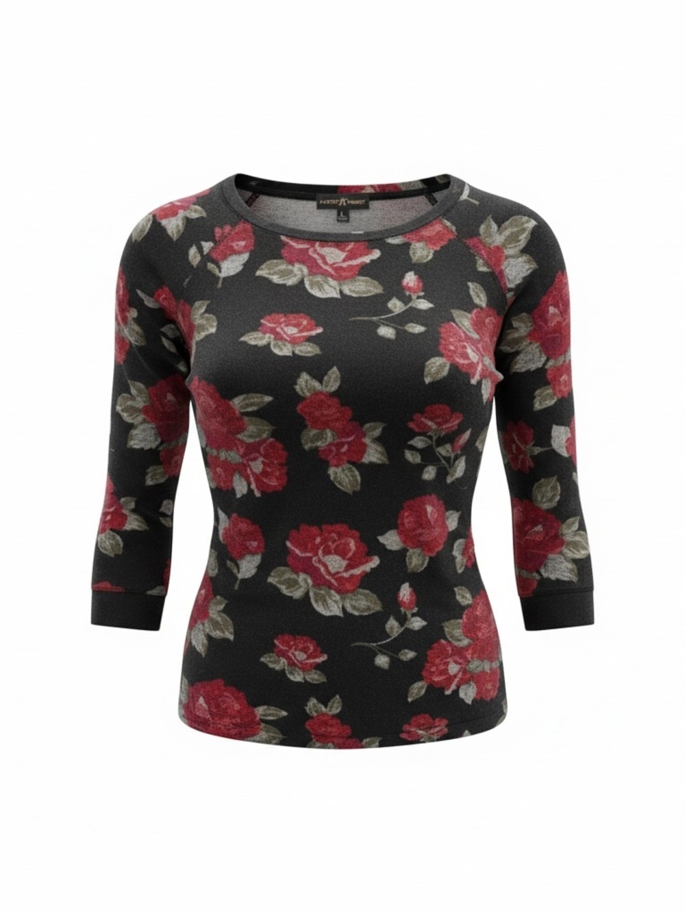 Almost Famous Black Floral Scoop Neck Long Sleeve Top with Red Roses